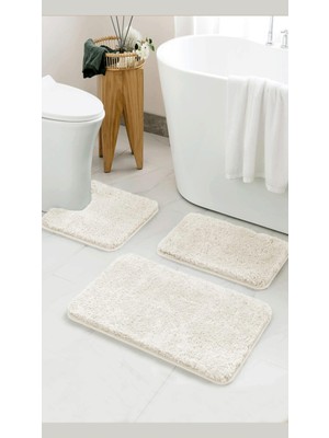 Yıkanabilir, Kaymaz Tabanlı Krem Shaggy Banyo Halısı Seti 3'lü 60X100 ve 60X50