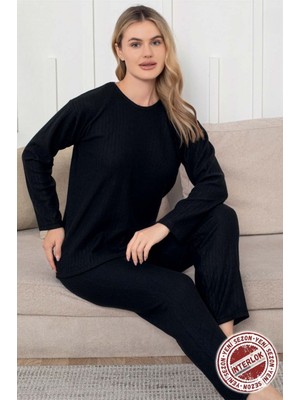 Kalın Kışlık Interlok Şeritli Uzun Kollu Örme Pijama Takımı