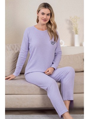 Kalın Kışlık Interlok Şeritli Uzun Kollu Örme Pijama Takımı