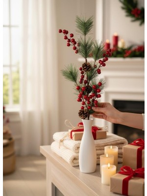 Yapay Çiçek Kokina ve Çam Dalı Uzun Dal Kozalaklı 75CM Yılbaşı Çiçeği Red Berry