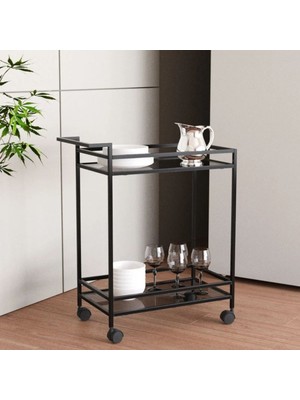 Şık Siyah Camlı Metal Servis ve Sunum Arabası