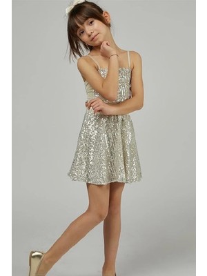 Kız Çocuk Simli Abiye Elbise - Payetli Üst ve Etek