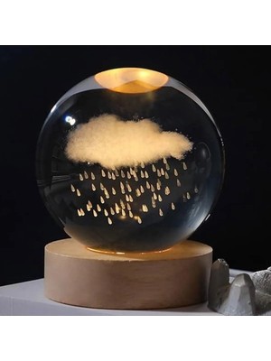 Renkli Bulut Tasarımlı Kristal Işıklı Cam Küre, Ahşap Standlı, Şık ve Zarif Dekorasyon Parçası