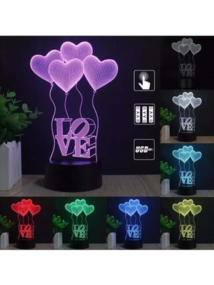 Renkli 3D Dokunmatik LED Gece Lambası, Pilli ve USB Bağlantılı, Kalp Şekli