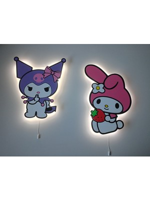 Renkli Ahşap Baskılı Sevimli Kuromi ve My Melody Çocuk Odası Gece Lambası (2'li)