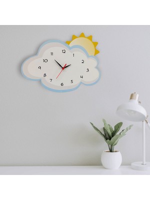 Beyaz Bulut ve Güneş Temalı Çocuk Odası Duvar Saati, Şık ve Eğlenceli Dekorasyon