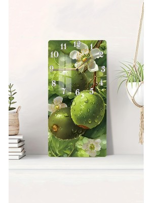Yeşil Meyve ve Çiçek Desenli Temperli Cam Tablo Saat 30×60 cm Hd Uv Baskı