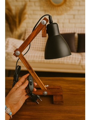 Kahverengi Ahşap Masa Lambası, Katlanabilir, Anahtarlı, 2mt Kablo, Şık Ev Dekorasyonu