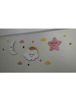 Çocuk Odası Renkli Ahşap Ay, Bulut, Yıldız ve Gökkuşağı Gece Lambası
