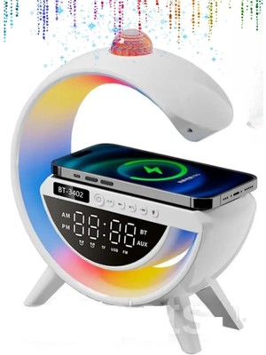 7 Renkli Bluetooth Hoparlör, Saat, Kablosuz Şarj ve LED Gece Lambası