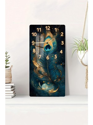 Renkli Tavus Kuşu Tüyü ve Altın Işıltılı Temalı Cam Tablo Saat 30X60 cm