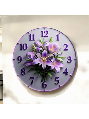Mor Renkli Kabartmalı Çiçek Desenli Ahşap Duvar Saati, Sessiz ve Şık Tasarım