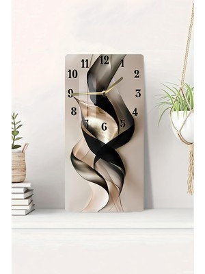 Siyah Altın Soyut Desenli Temperli Cam Tablo Saat 30X60 cm Hd Uv Baskı