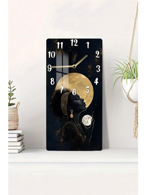Renkli Temperli Cam Tablo Saat, Altın Ay ve Kadın Silüeti, 30X60 Cm, Uv Baskı