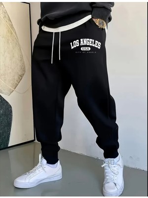 Punıx Büyük Beden Rahat Kalıp Los Angeles Baskılı Tam Kışlık Erkek Tarz Eşofman Altı