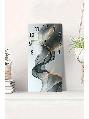 Soyut Duman ve Altın Işık Tasarımlı Temperli Cam Tablo Saat 30X60 cm