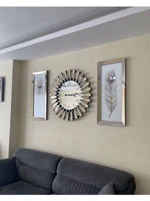 3’lü Bronz Aynalı Saat ve Tablo Seti, Şık ve Modern Dekorasyon Parçaları
