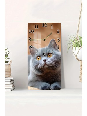Sevimli Gri Kedi Tasarımlı 30X60 cm Temperli Cam Tablo Saat Uv Baskı