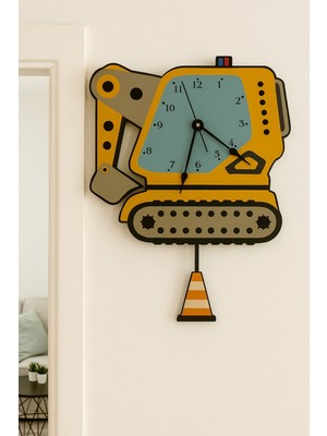 Ekskavatör Temalı Sarkaçlı Duvar Saati, Şık ve Renkli Tasarım