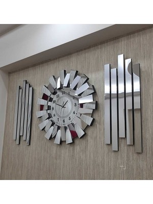 3D Piyano Dekor Saat, Gümüş Aynalı, Türk Rakamlı, 3'lü Duvar Saati