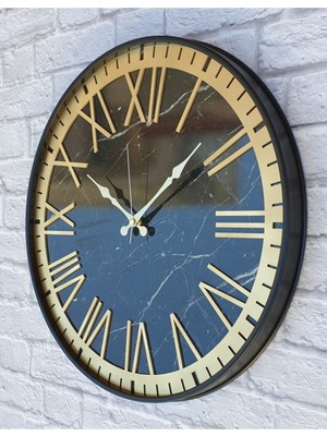 Mermer Desenli Metal Kasalı Şık Altın Renkli Duvar Saati