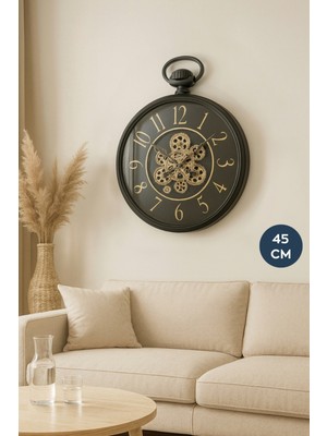 Eskitme Detaylı Büyük Boy Duvar Saati, Siyah, 45 Cm, Şık ve Modern Tasarım