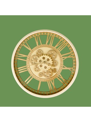 Krem ve Altın Tonlarında 50 cm Çarklı Duvar Saati Şık ve Modern Tasarım