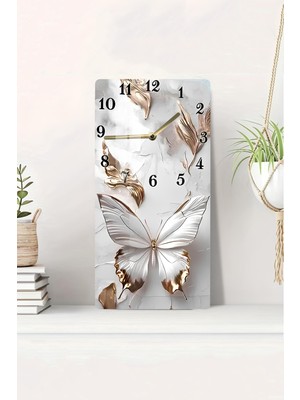 Beyaz Kelebek Temalı 30X60 cm Cam Tablo Saat, Hd Uv Baskı, Şık ve Modern Dekorasyon
