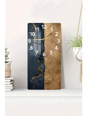 Lacivert ve Altın Renkli Temperli Cam Tablo Saat, Soyut Doku Tasarımı, 30X60 cm