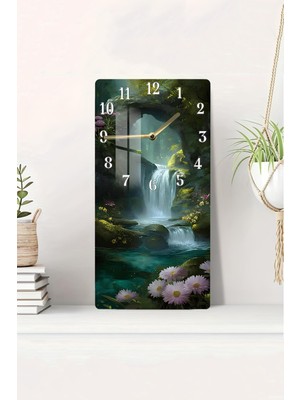 Şelale ve Doğa Temalı Cam Tablo Saat, 30X60 Cm, Uv Baskı, Renkli Dekorasyon