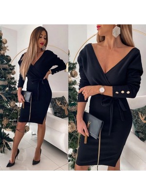 Kadın Uzun Kollu Kruvaze Yaka Bağcık Detay Akrilik Mini Boy Elbise