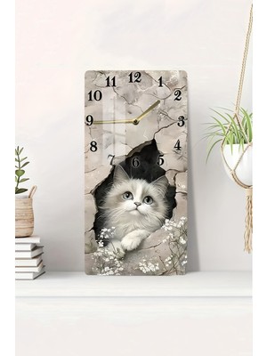 Sevimli Kedi Temalı Temperli Cam Tablo Saat 30×60 cm Hd Uv Baskı