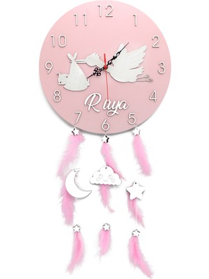 35CM Pembe Ahşap Çocuk ve Bebek Odası Kabartmalı Duvar Saati, Renkli ve Şirin Tasarım