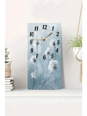 Mavi Tonlarda Karahindiba Çiçekli Temperli Cam Tablo Saat 30X60 cm Uv Baskı