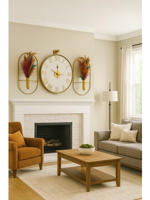 Altın Tonlu 3'lü Duvar Saati Seti, Çiçekli Dekorasyon, Pampaslar Hariç