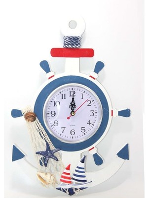 Renkli Ahşap Marin Dümen ve Çapa Tasarımlı Şık Saat