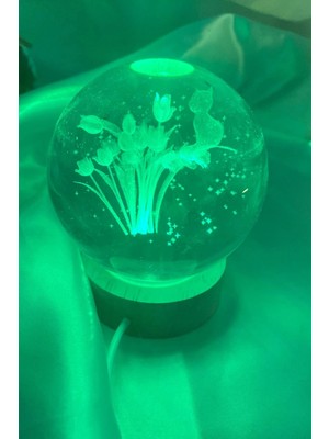 3D LED Işık Cam Küre Gece Lambası, Laleli Büyük Boy, 8cm, Renkli, Sıcak Atmosfer