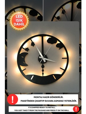 LED Işıklı Çocuk Odası Duvar Saati, Sessiz, Modern, Siyah, Ahşap, 40X40CM