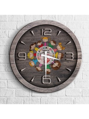 Kişiye Özel Ahşap Çocuk Gelişimi Öğretmeni Duvar Saati, Gri Renk