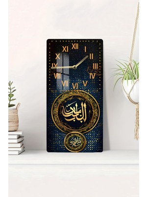 Renkli Arapça Hat Yazılı Temperli Cam Tablo Saat 30X60 cm Hd Uv Baskı