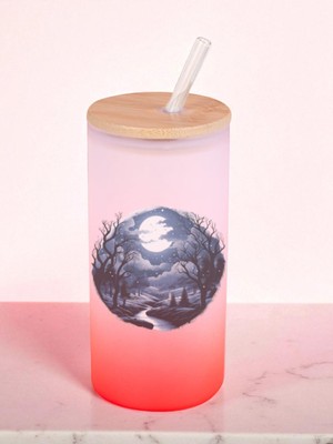 Gece Doğa Baskılı 600 ml Cam Matara- Su Matarası, Suluk Matara, Cam Pipetli Matara