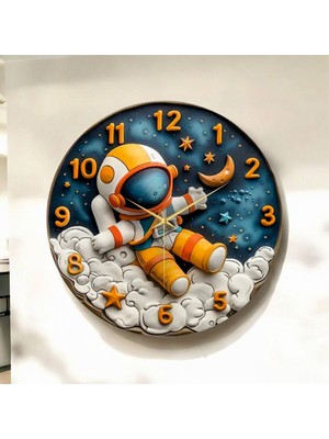 Renkli Astronot Çocuk Desenli Ahşap Sessiz Duvar Saati 50CM