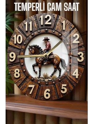 Renkli Kovboy ve At Figürlü 3D Temperli Cam Saat, 33 Cm, Şık ve Eğlenceli Tasarım
