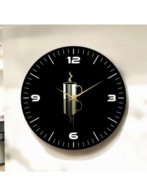 Renkli Baskılı Kahve Fincan Desenli Ahşap Duvar Saati ve Tablo Seti