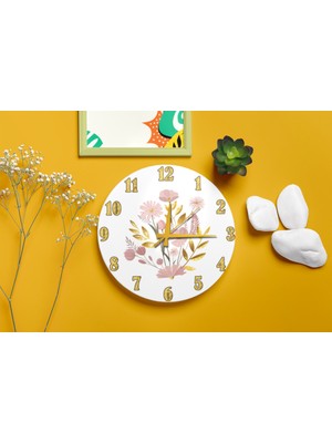 Pembe Çiçekli Rakamlı Sessiz Duvar Saati, 40 Cm, Bej Renkli Şık Tasarım