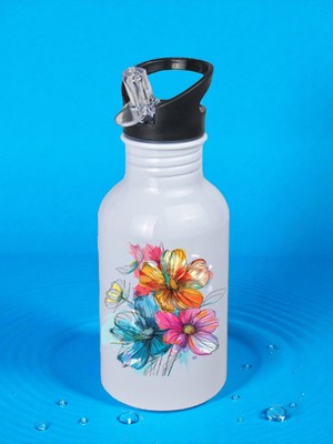 Boyalı Çiçekler Baskılı Matara Suluk 600 ml - Kız Çocuk Suluk, Kız Sulukları