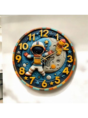 Renkli Astronot Çocuk Temalı Ahşap Sessiz Duvar Saati