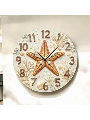 Renkli Deniz Yıldızı Desenli Ahşap Sessiz Duvar Saati, Şık ve Kaliteli Tasarım