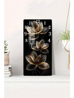 Siyah Zemin Üzerinde Altın Çiçek Desenli Temperli Cam Duvar Saati 33X33 cm