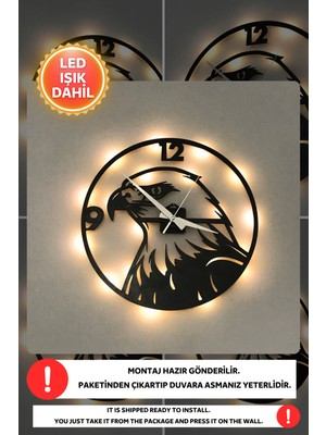 Modern Siyah Ahşap LED Işıklı Kartal Duvar Saati 40X40CM